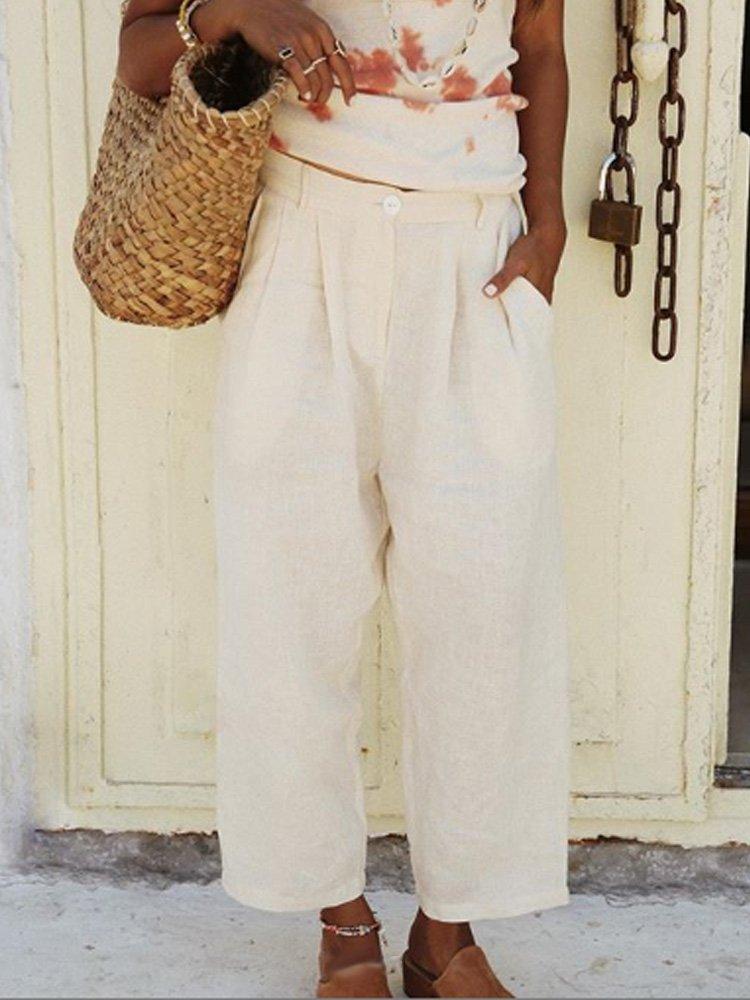 Patchwork Cotton-Blend Casual Pockets Pants