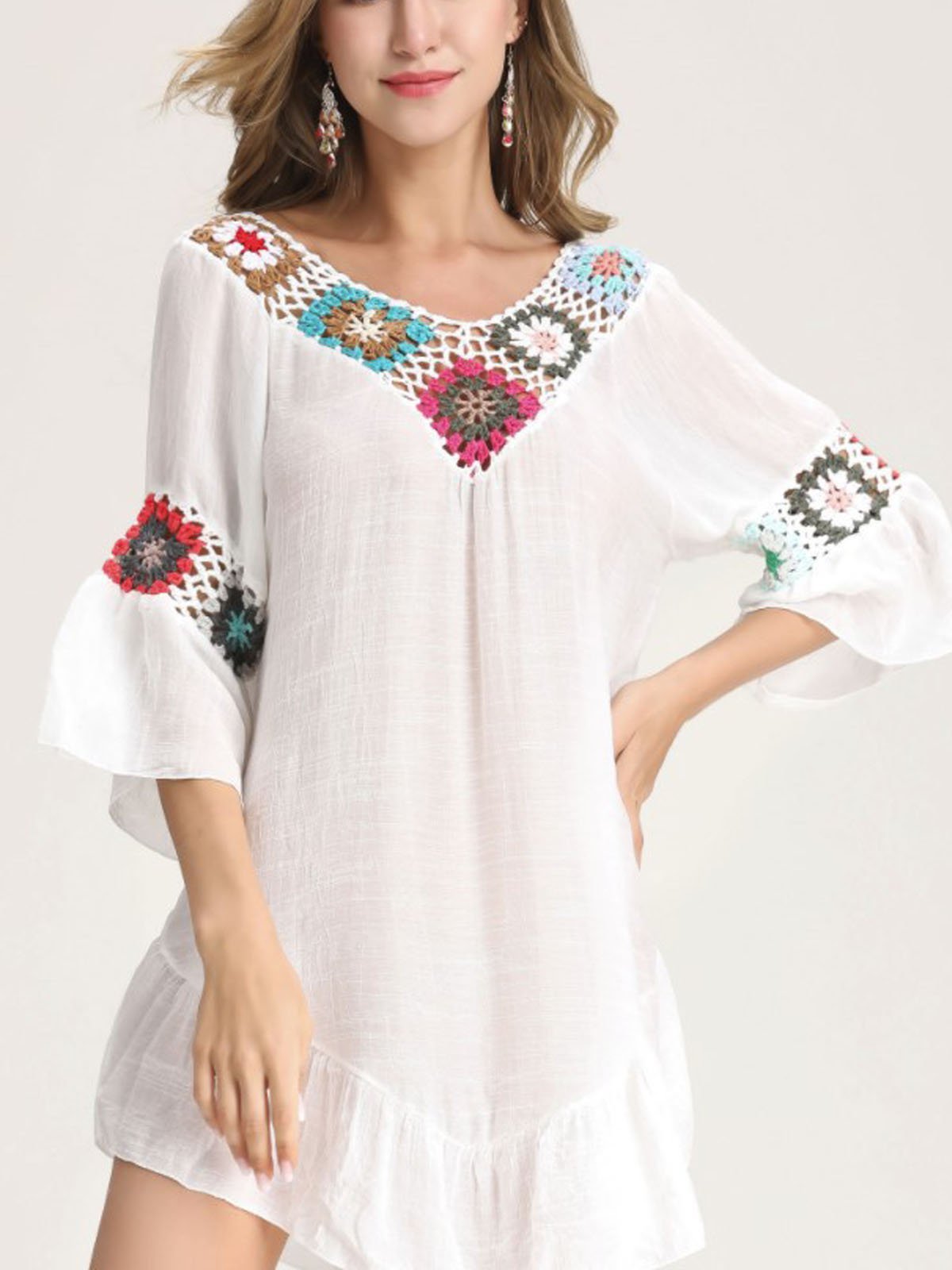 White Long Sleeve V Neck Cotton Dresses