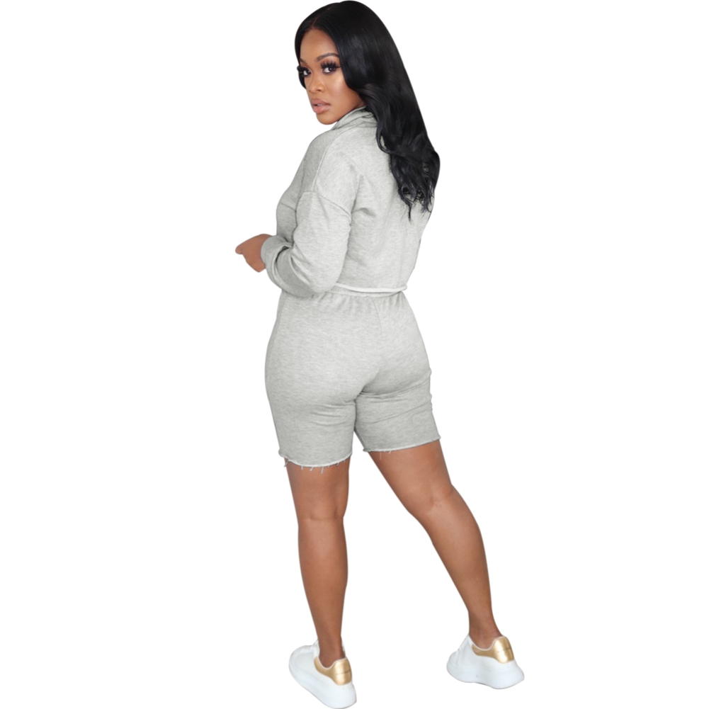 Autumn Solid Color Hoody Crop Top and Shorts Set