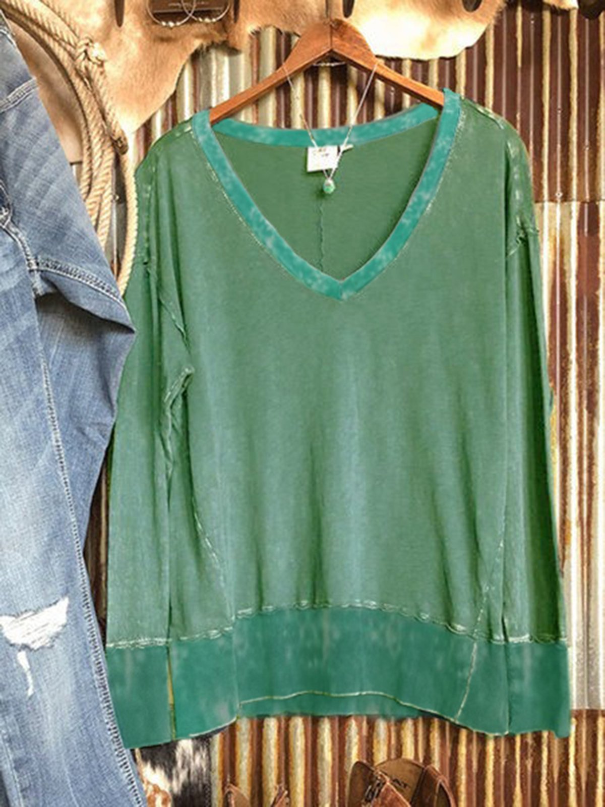 Green Long Sleeve V Neck Cotton-Blend Sweatshirt