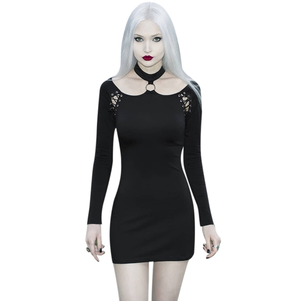 Black Lace Up Long Sleeve Halter Mini Dress
