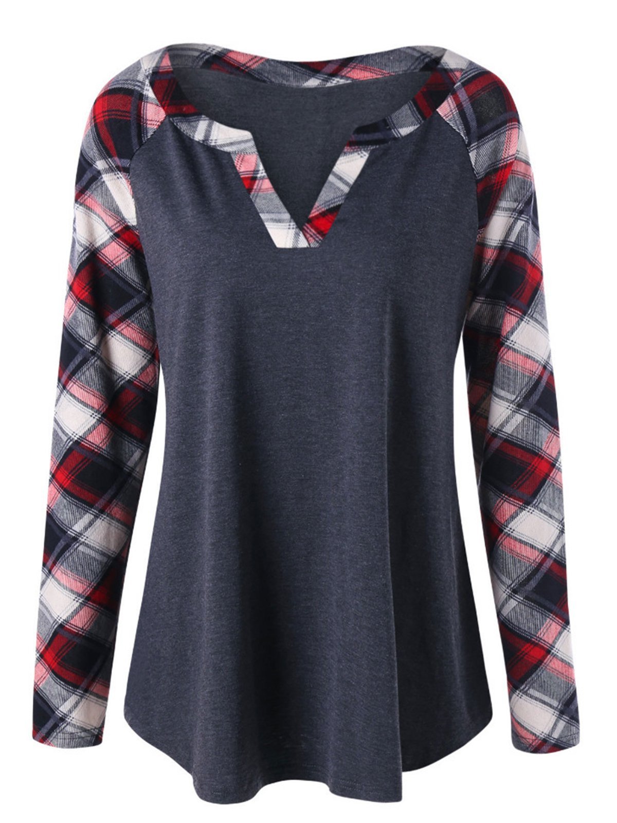 Plaid Casual Paneled Long Sleeve T-Shirts