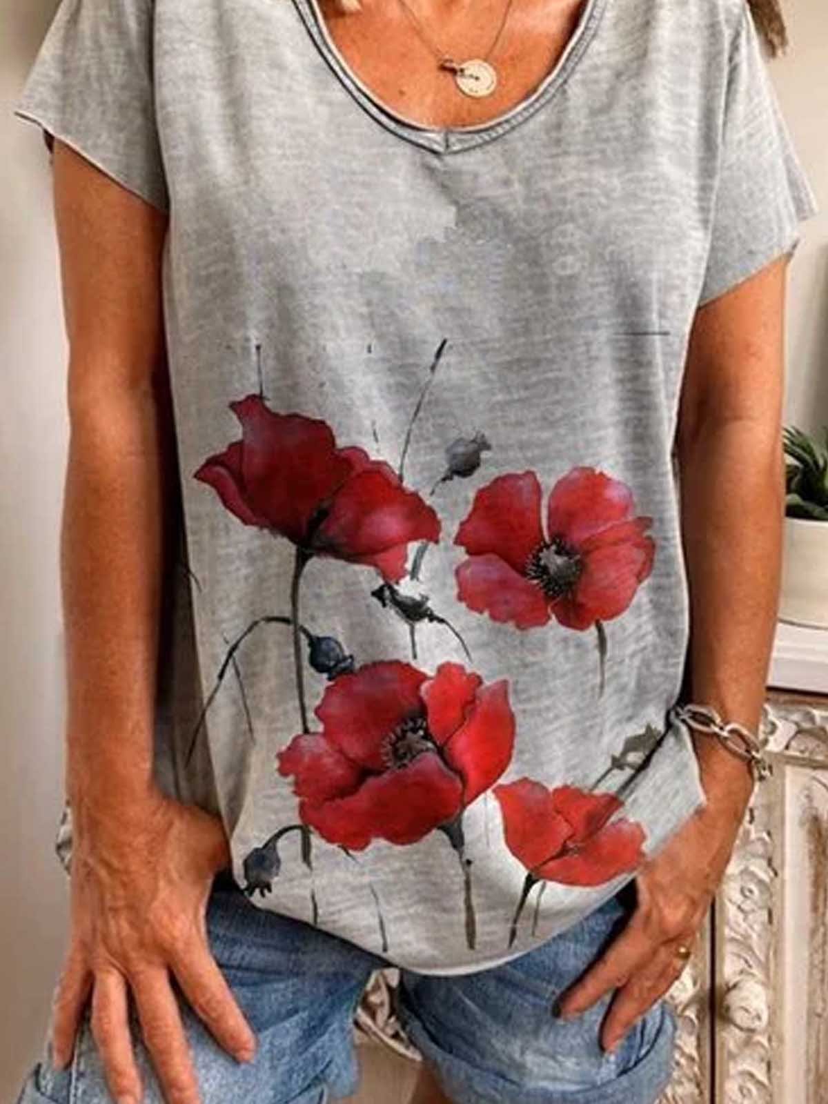 Gray Short Sleeve Printed Cotton Shirts & Tops