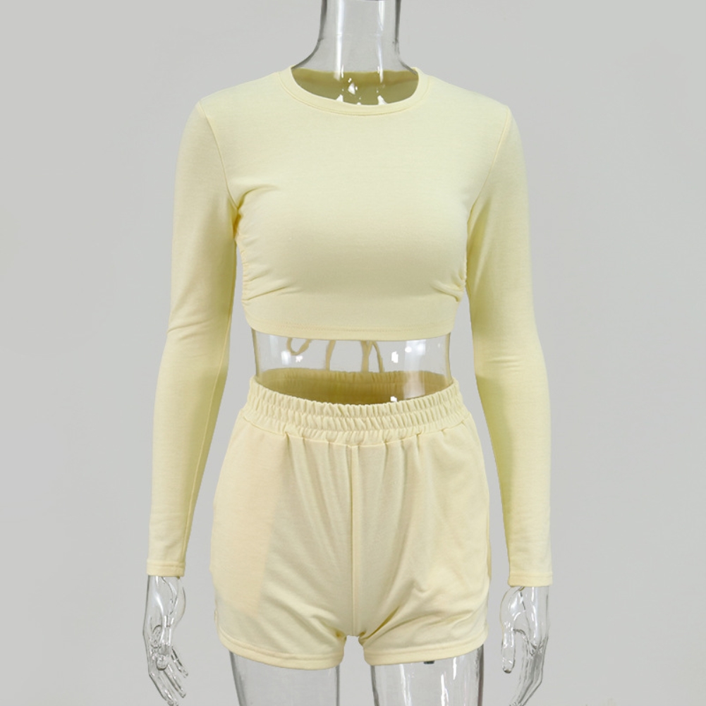 Autumn Two Piece Plain Crop Top and Shorts Set