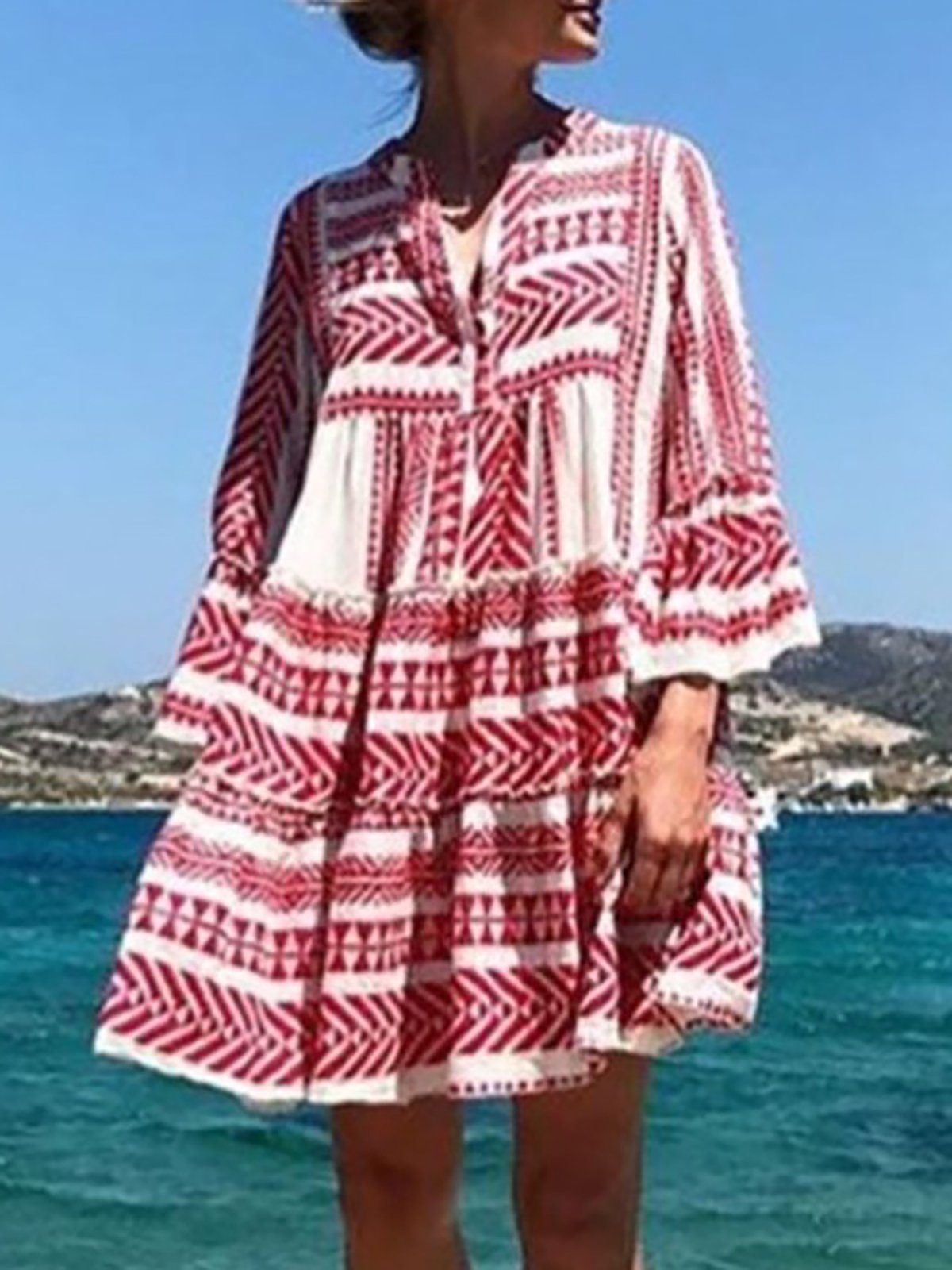 V neck Women Summer Dress Swing Bell Sleeve Tribal Mini Dress