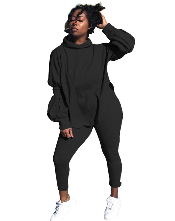 Autumn Solid Plain Matching Casual Hoody Top and Pants Set