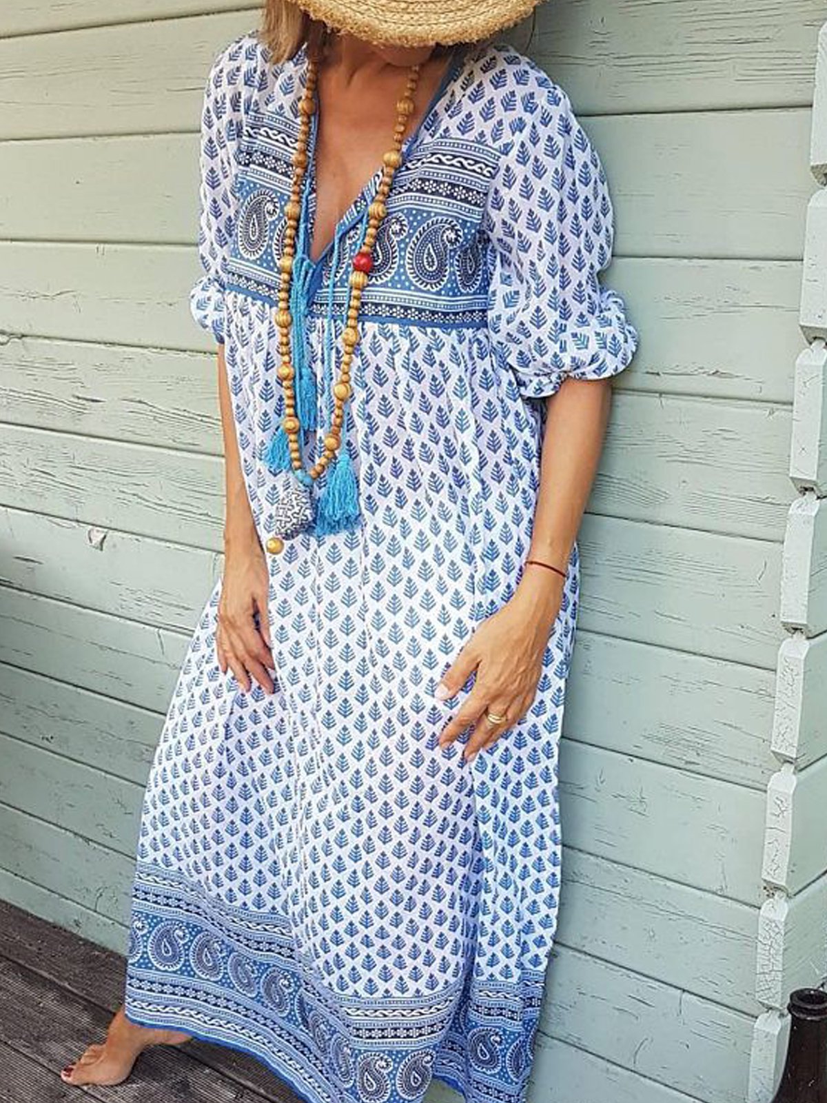 Floral V Neck Half Sleeve Cotton Dresses