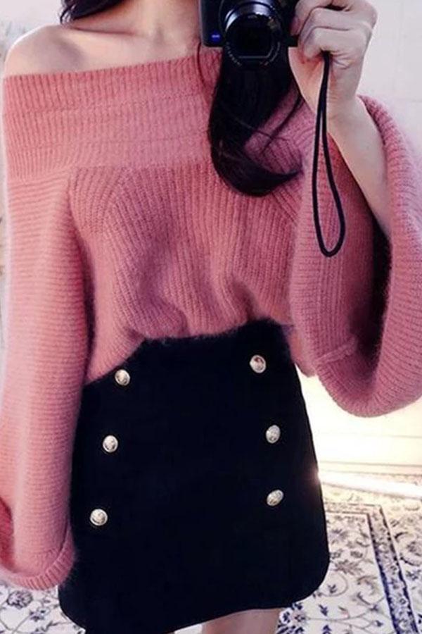 Fashion Pure Colour   Off-Shoulder Sweater