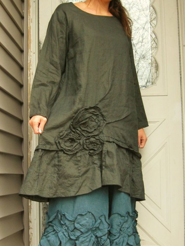 Vintage Solid Long Sleeve Crew Neck Dresses