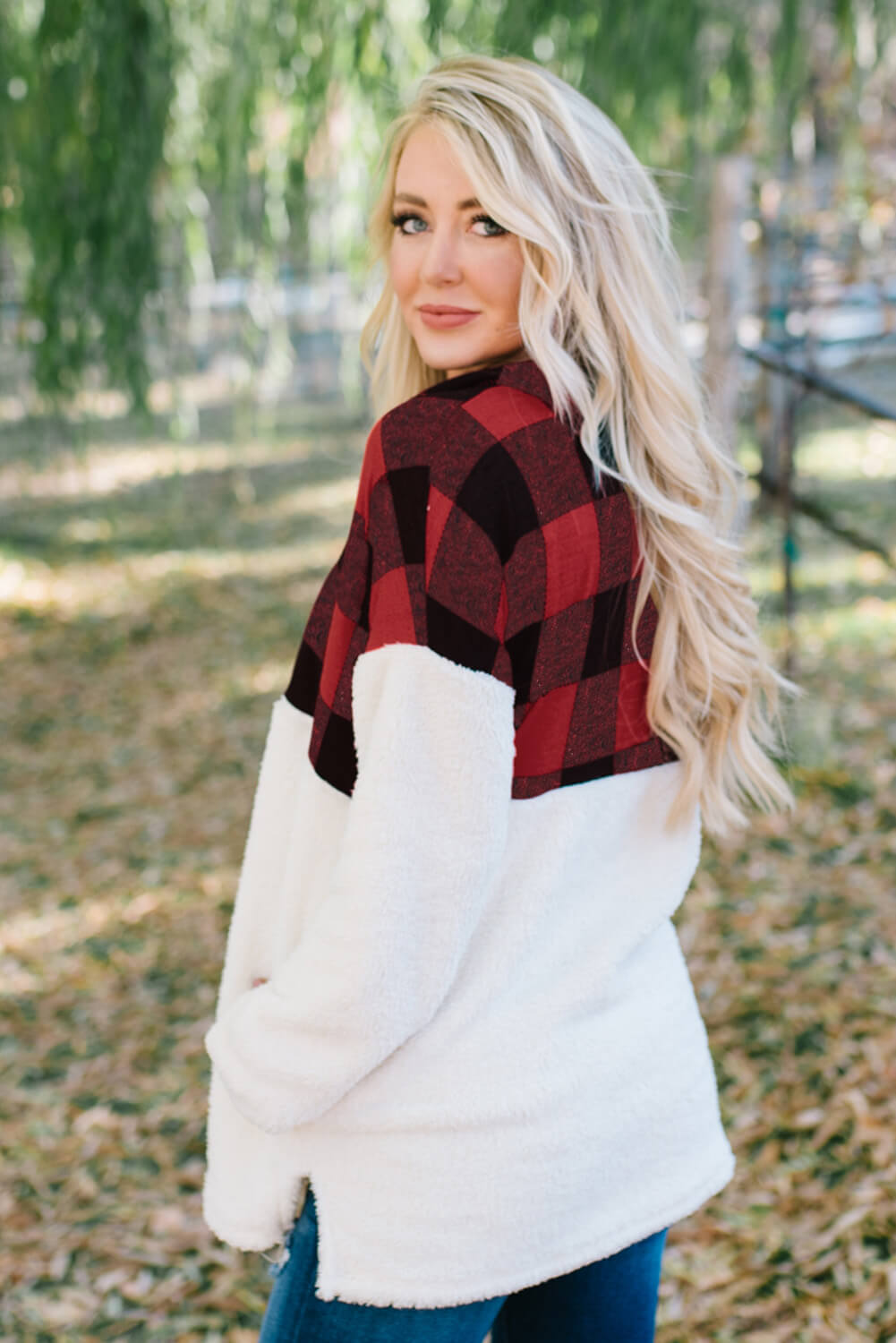 Red Fuzzy Pullover with Plaid Detail