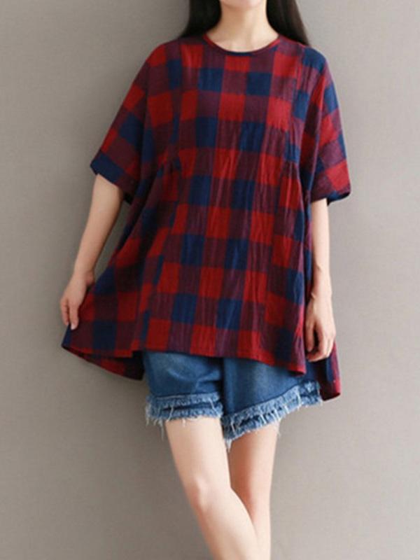 Half Sleeve Cotton-Blend Plaid Round Neck T-Shirts