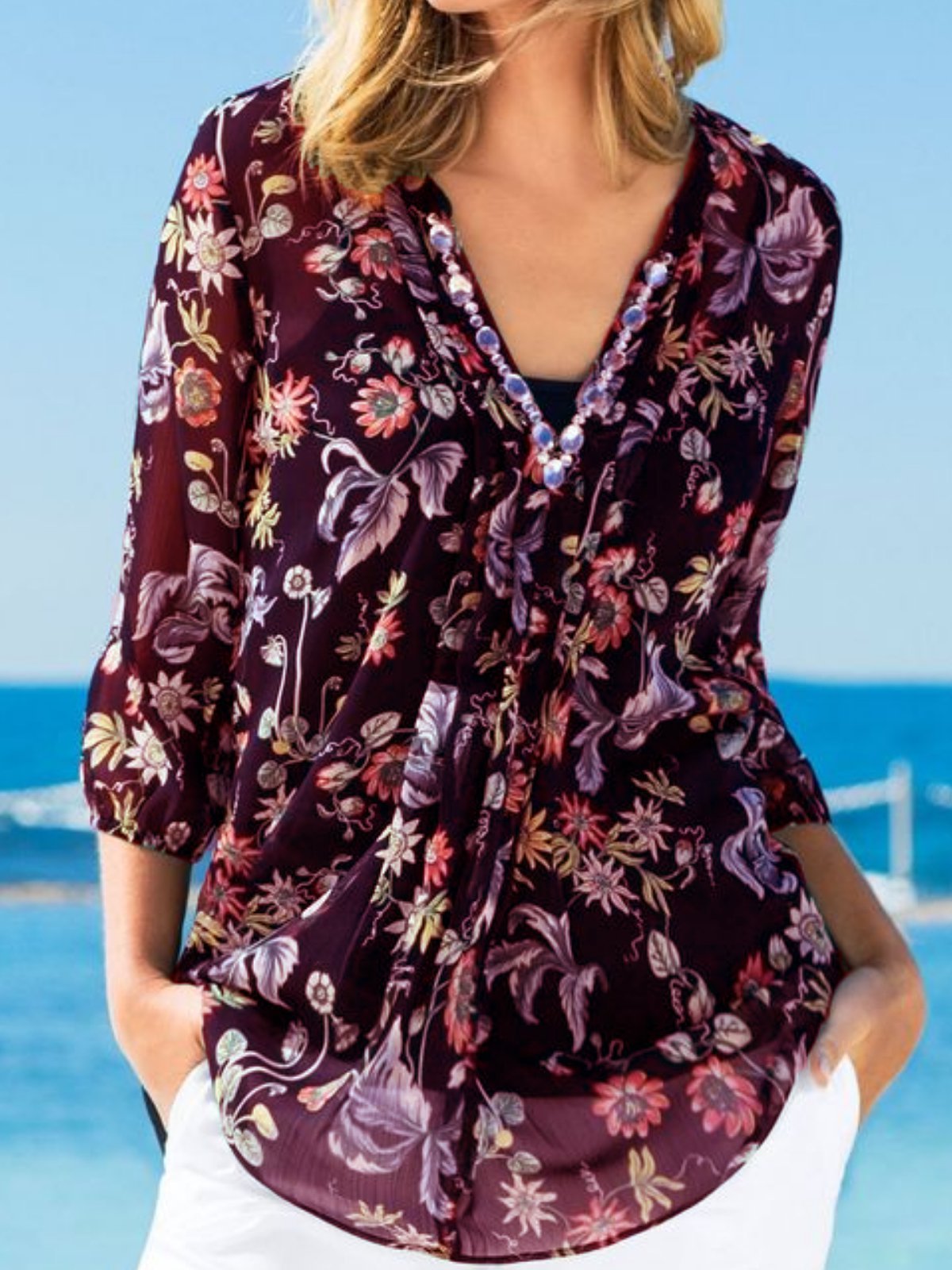 V Neck Long Sleeve Printed Shirts & Tops