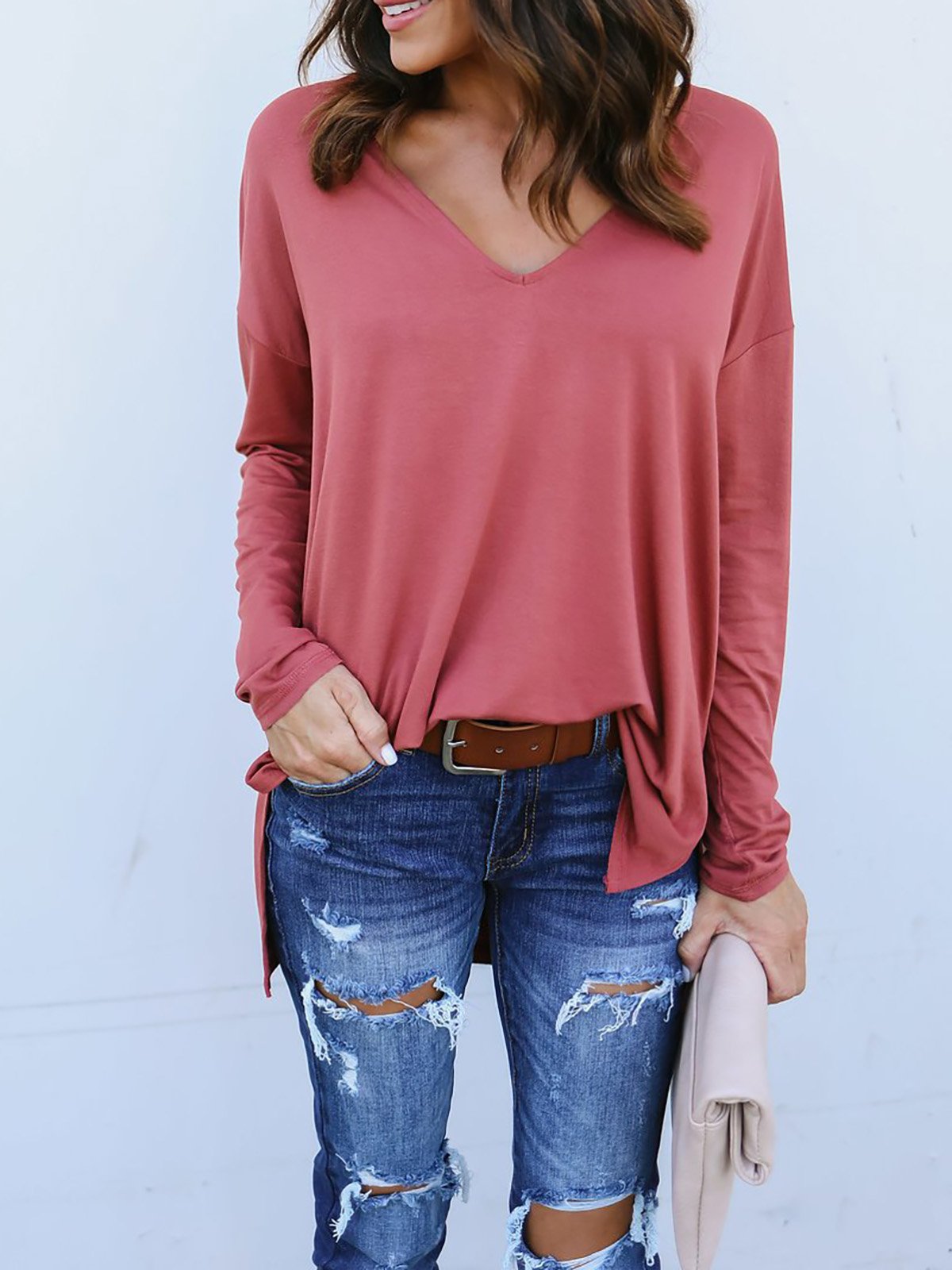 Long Sleeve Cotton Casual V neck T-Shirt