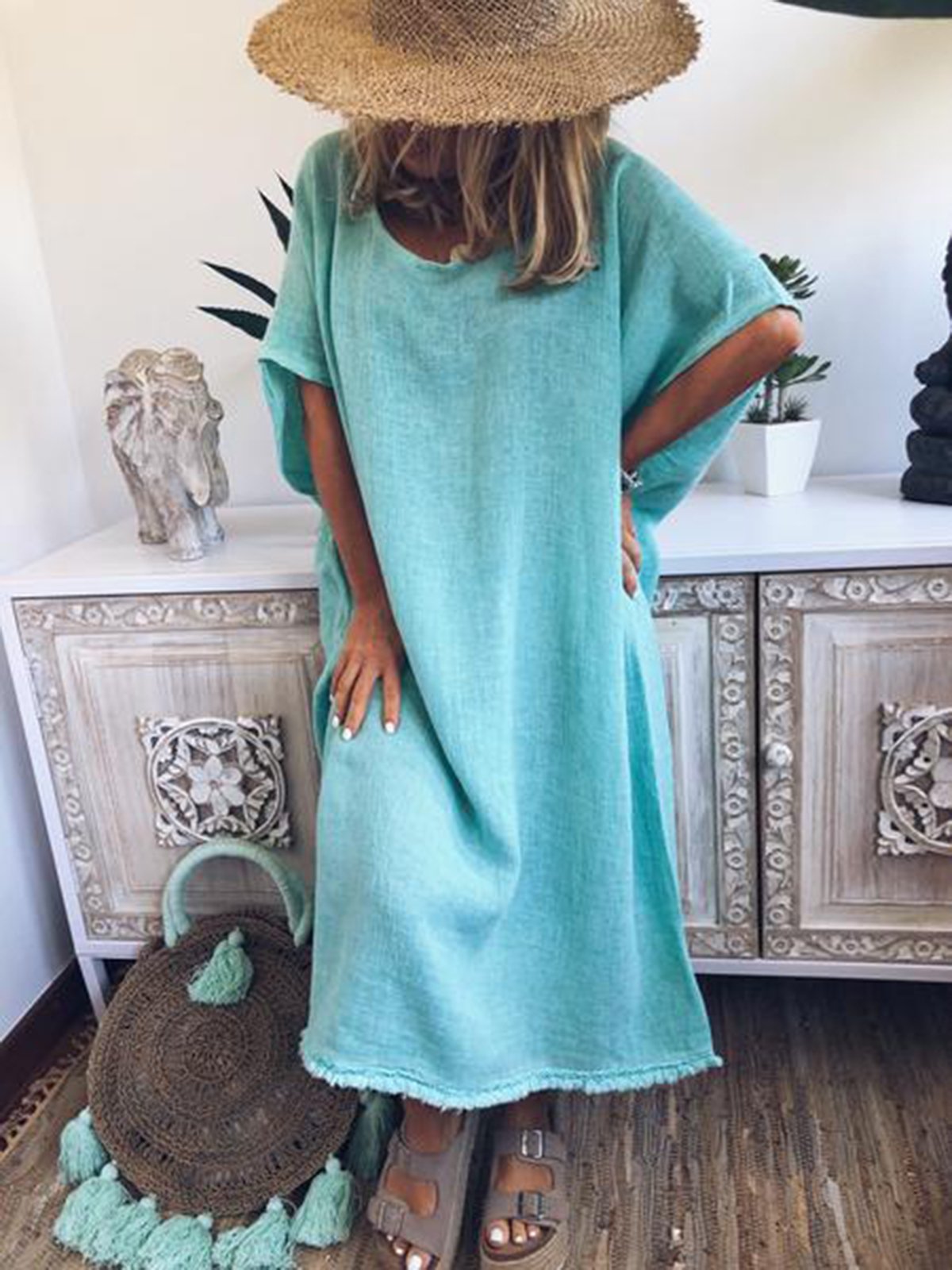 Women Short Sleeve Plain Dresses