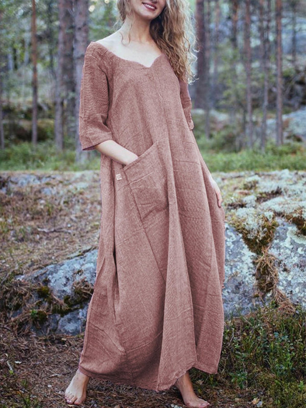 Casual V Neck Pockets Solid Dresses