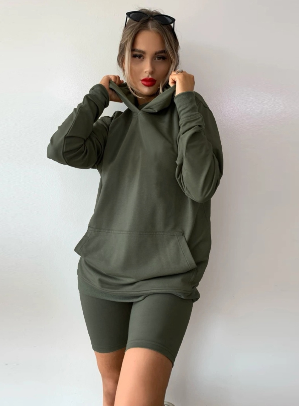 Autumn Plain Hoodie Two Piece Shorts Tracksuit