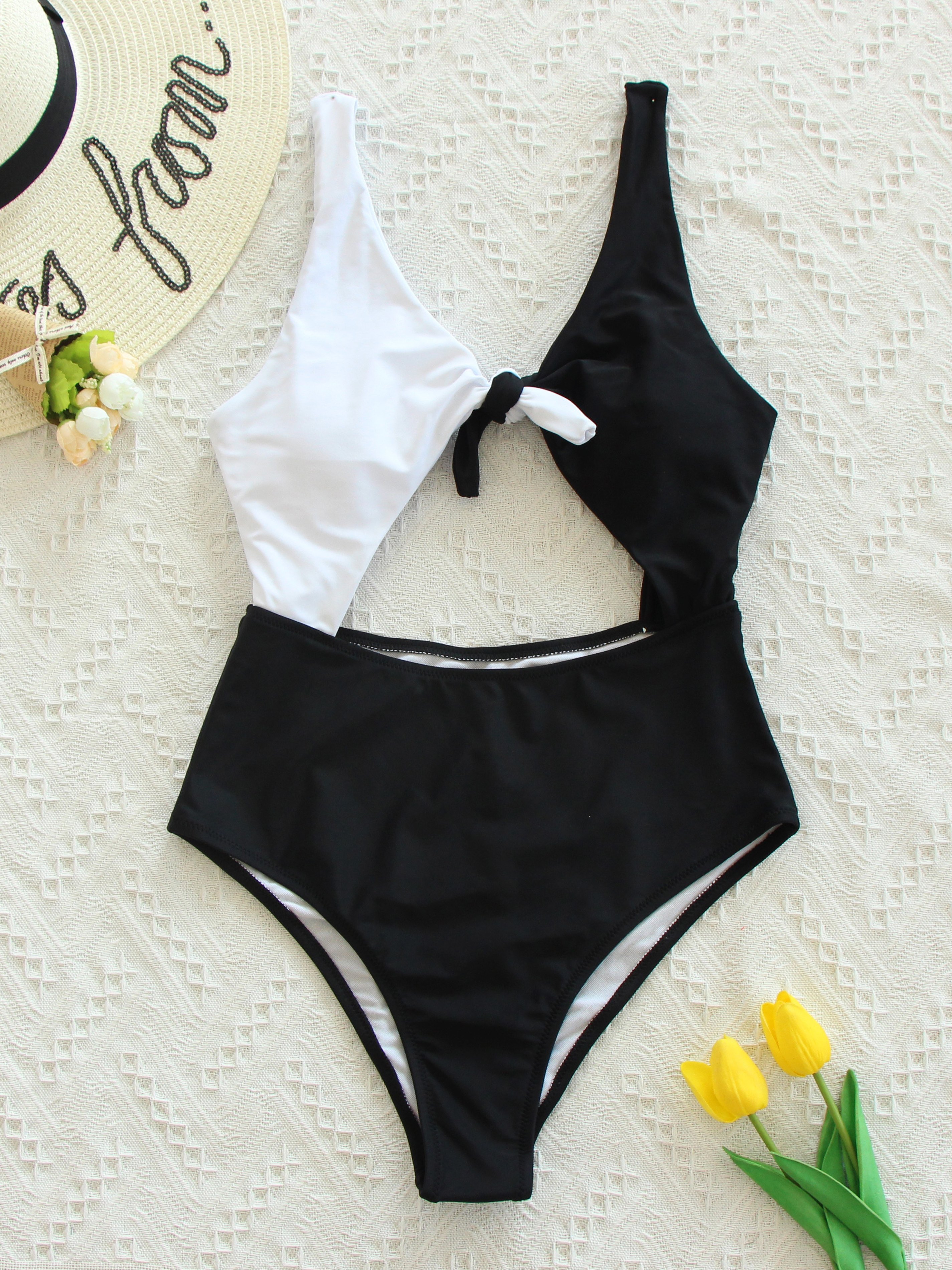 Two Tone Colorblock Front Knot One-Piece Swimsuit