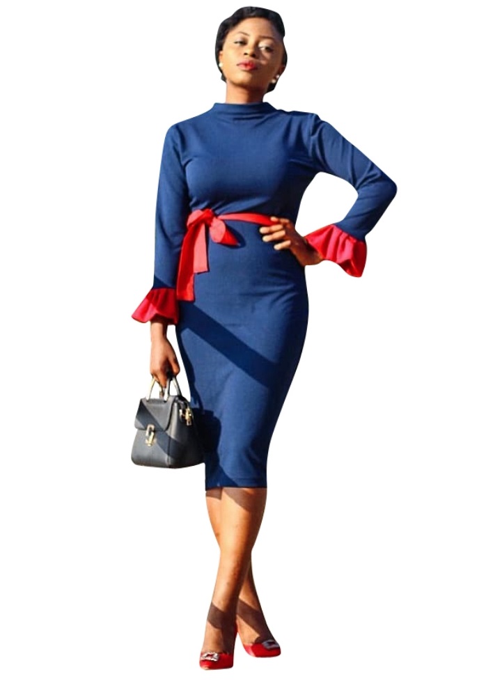 Dark Blue Office Pencil Dress with Contrast Cuff and Belt