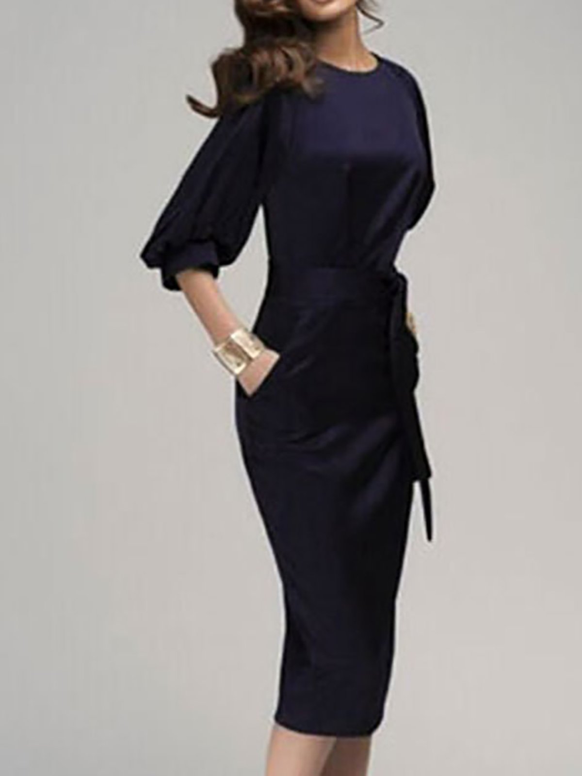 Chiffon Elegant Crew Neck 3/4 Balloon Sleeve Dresses