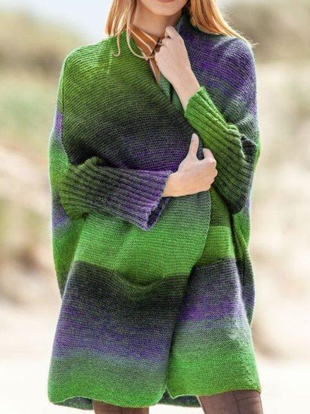Color-Block Long Sleeve Knitted Casual Outerwear