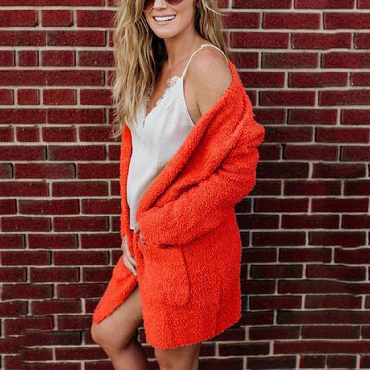 Pure Color Plush Cardigan Long - Sleeved Jacket
