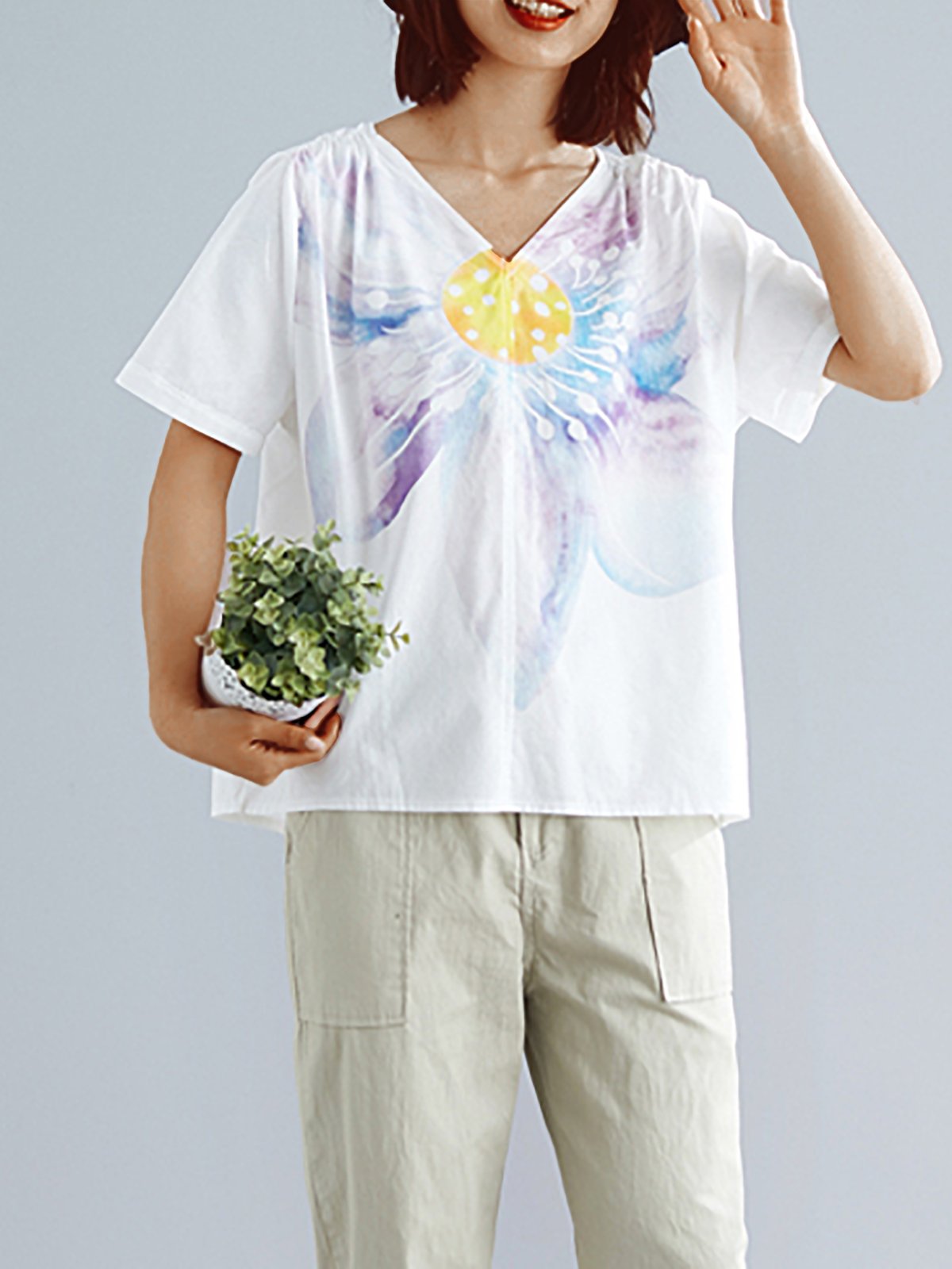 Plus Size Women Floral Short  Sleeve  V-Neck Cotton And Linen Loose Casual Top