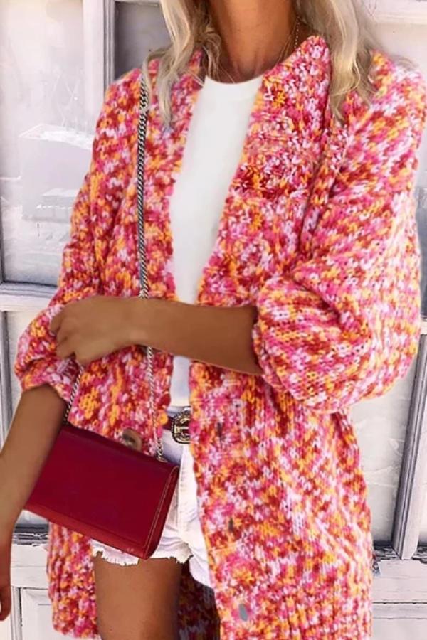 Women's Casual Printed Color Long Sleeve Single-Breasted Loose Cardigan