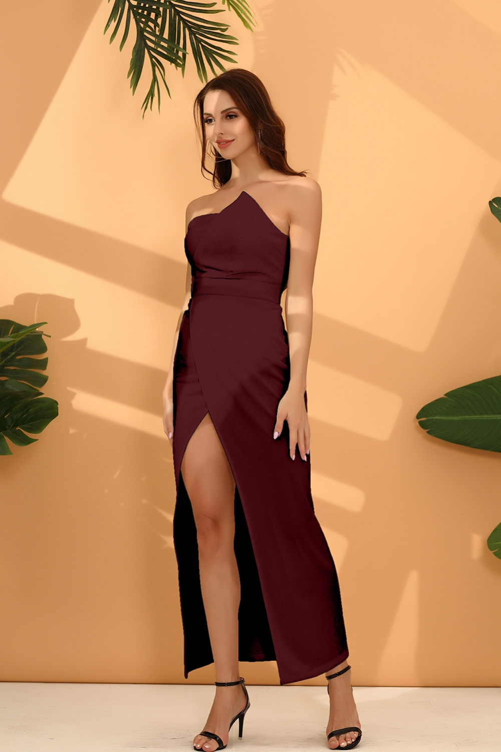 Solid Color Strapless Slit Evening Dress