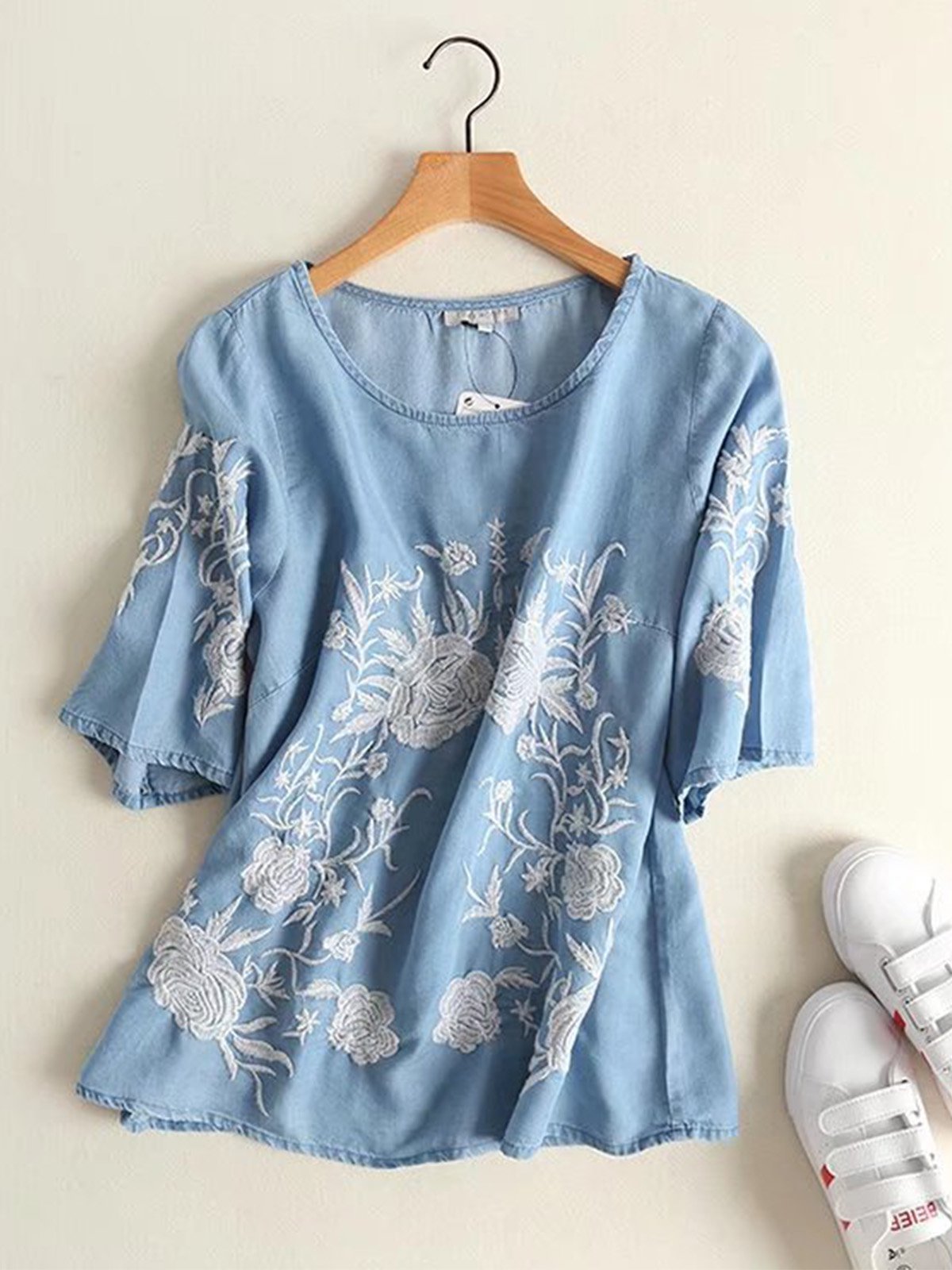 Women Casual Embroidered Tops Tunic Blouse Shirt