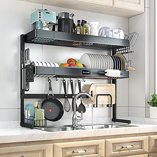 SINOART Over The Sink Dish Drying Rack-Adjustable 2-Tier Large Dish Dryer Rack