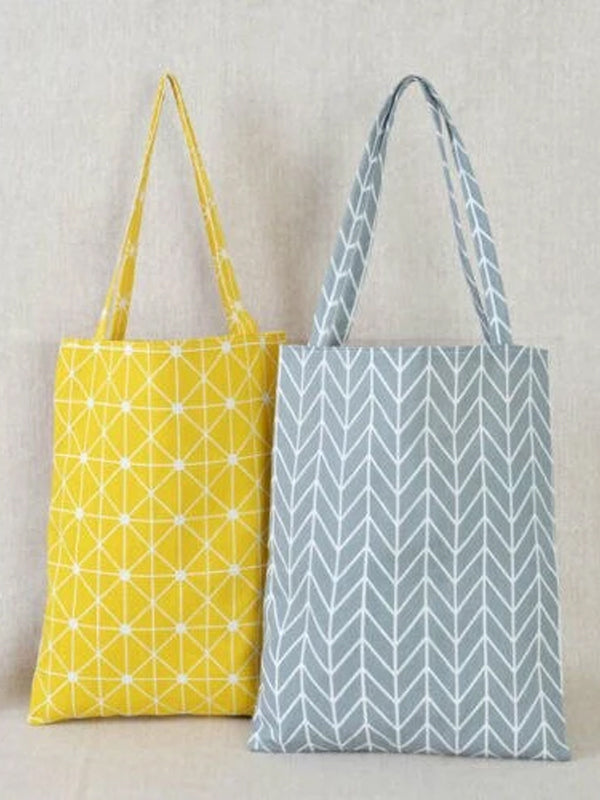 Women Linen Cotton Plaids Canvas Shopping Shoulder Bags