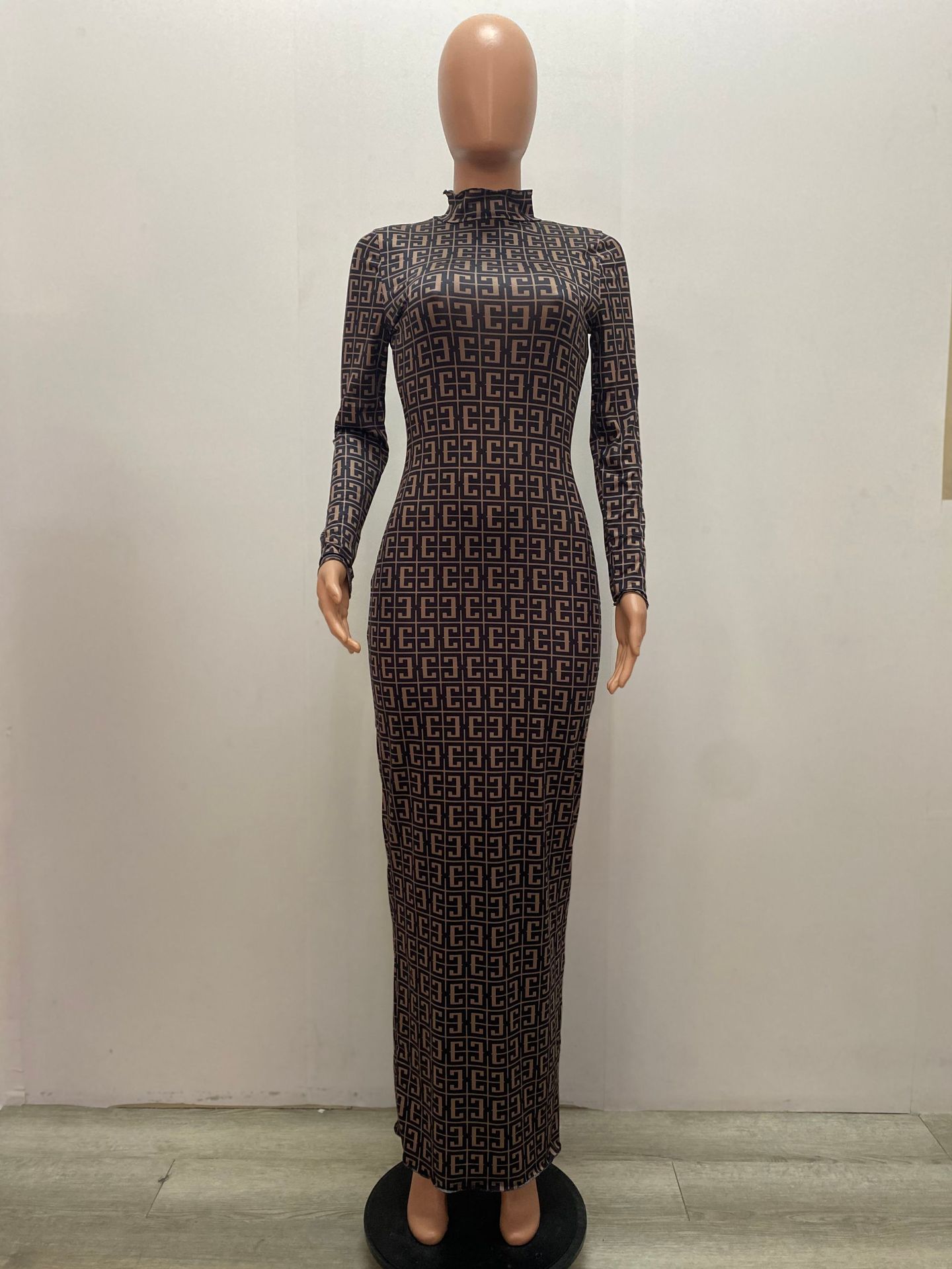 Autumn Party Print Black Sexy Long Sheath Dress