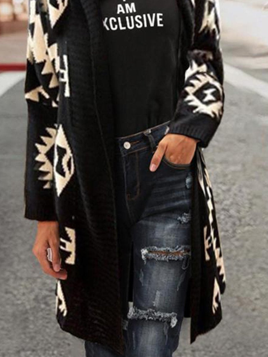 Fashion Med-Length Diamond Jacquard Knit Cardigan