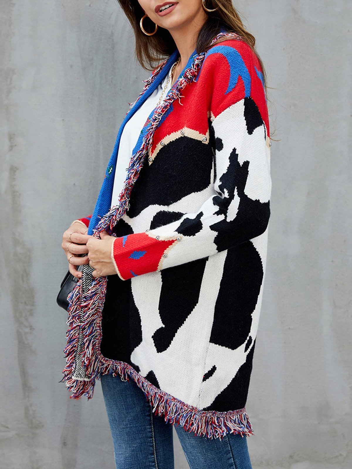 Red Shawl Collar Fringed Embroidered Cardigan