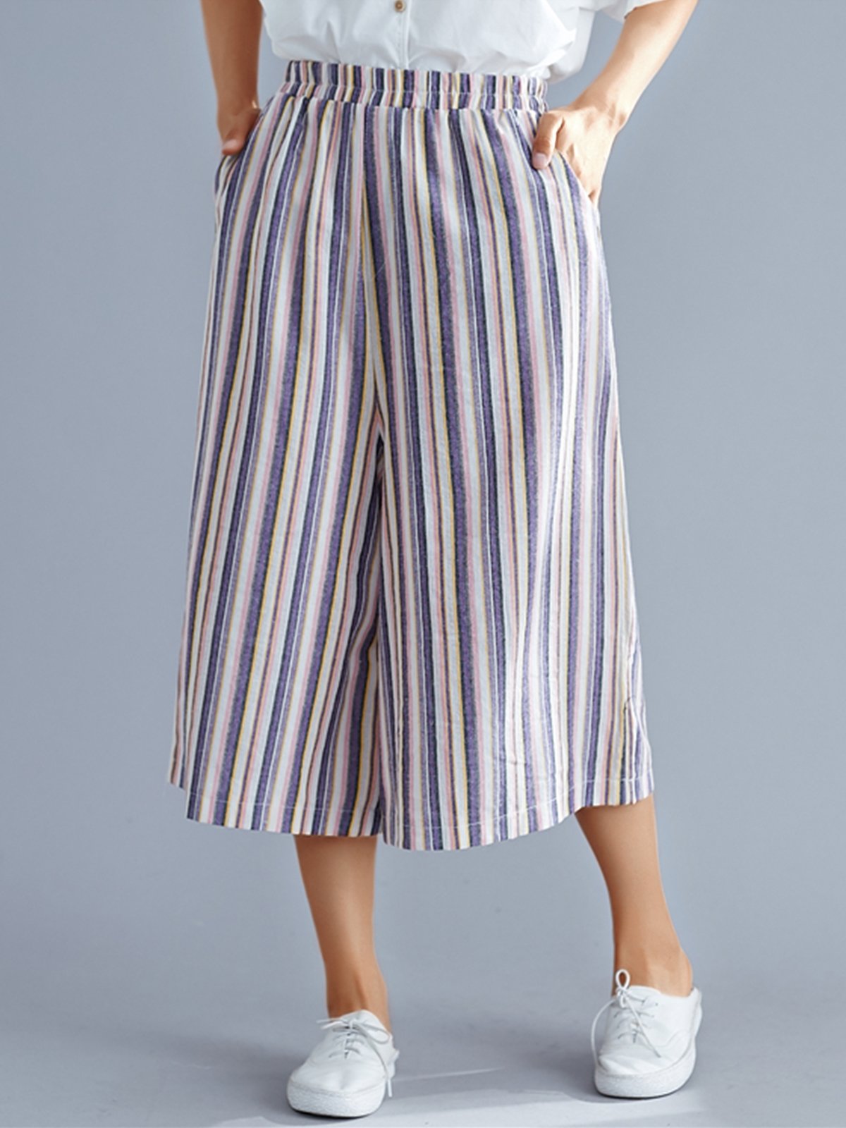 Plus Size Women Striped Casual Wide Leg Pants