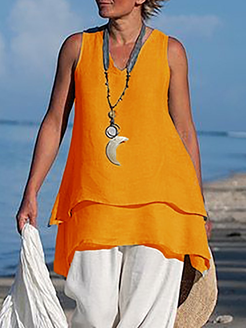 Women Casual Shirts V Neck Sleeveless Asymmetrical Tunics Blouses