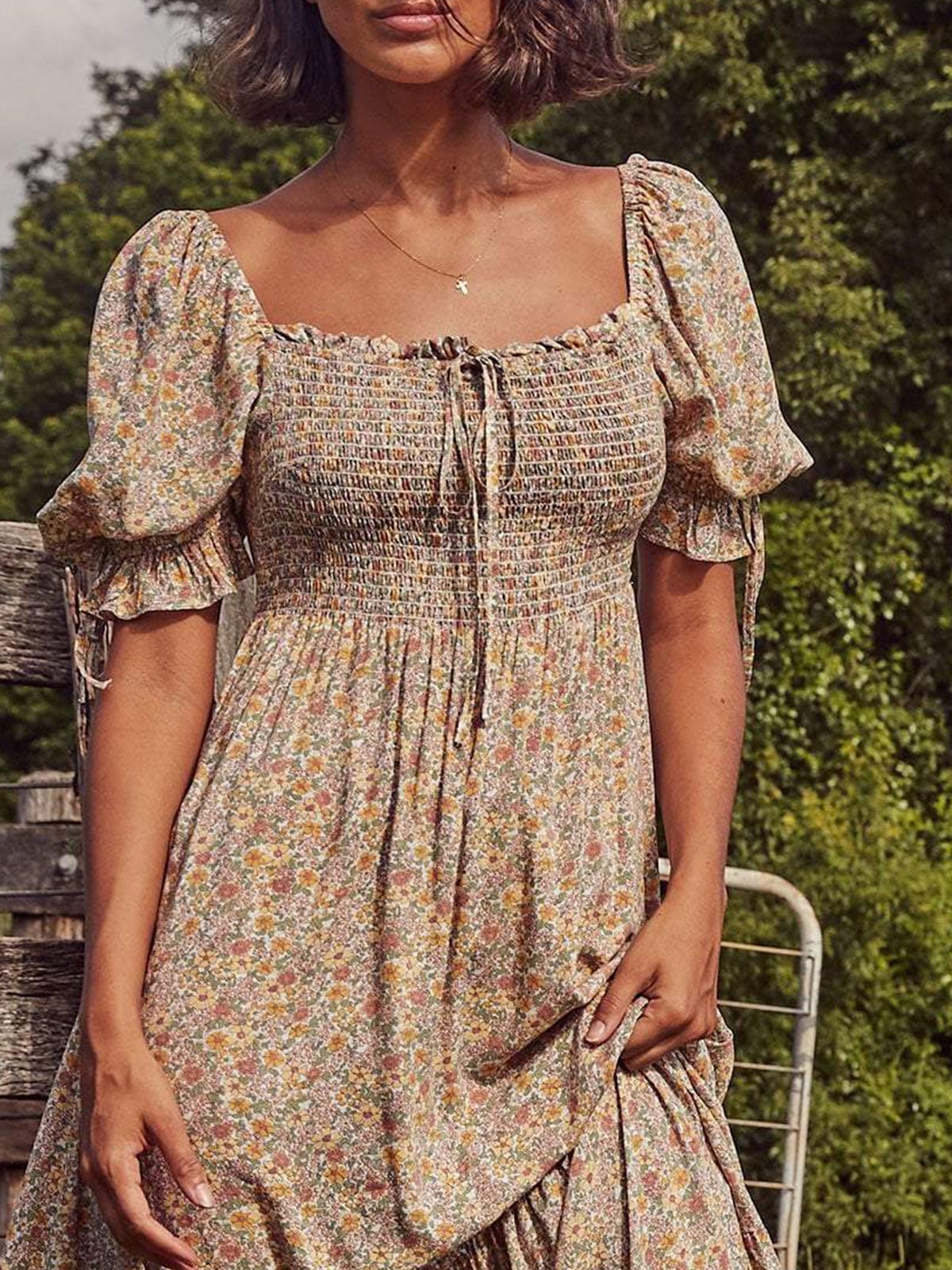 Flower Cotton-Blend Square Neck Vintage Floral Dresses