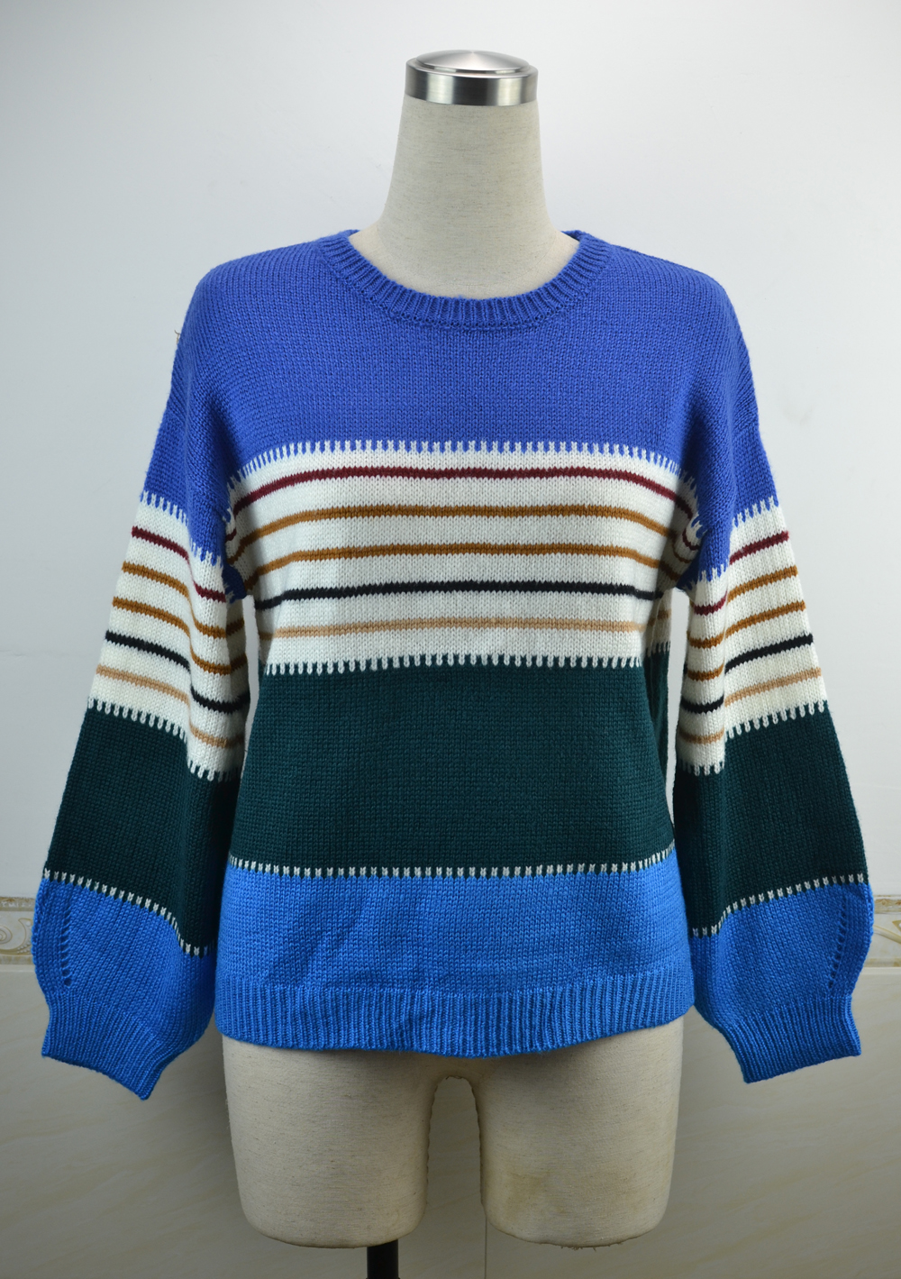 Winter Colorful Contrast Stripes Round Neck Pullover Sweater