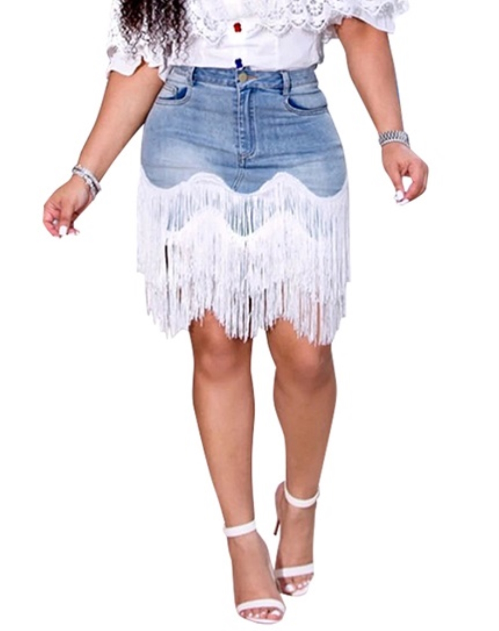 Summer Light Blue Tassels Denim Skirt