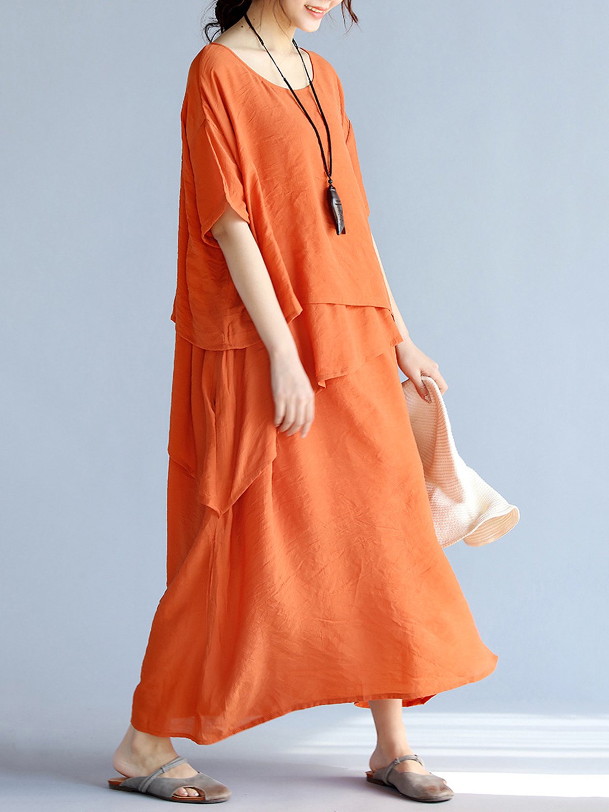 Casual Crew Neck Half Sleeve H-line Solid Maxi Linen Dress
