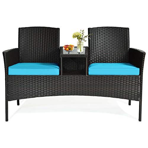 Conversation Furniture Set with Table and Two Removable Cushions Rattan Wicker Chairs and Table Set �C Brown+Blue