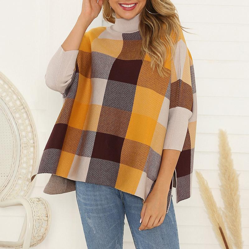 European And American Style High Collar Bracelet Sleeve Splicing Plaid Sweater