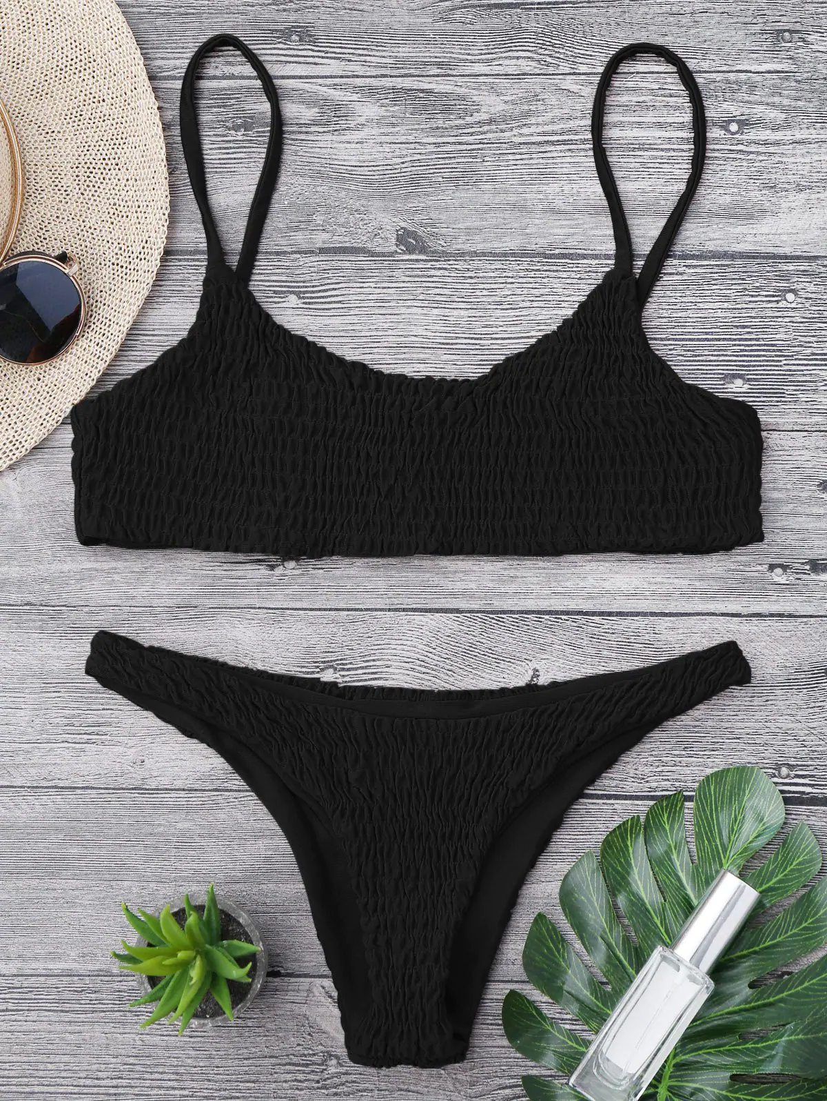 Smocked Bikini Top And Bottoms - Black