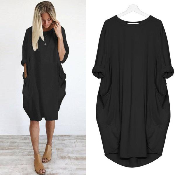 Women Batwing Pockets Casual Solid Dress
