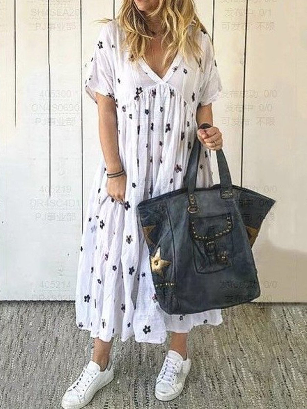 Short Sleeve V Neck Cotton Dresses