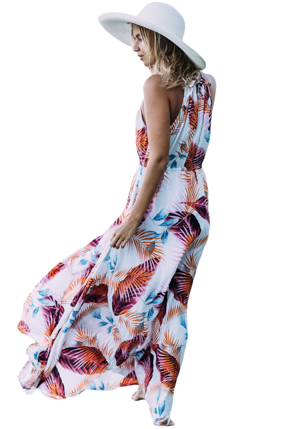 Orange Tropical Leaf Print Sexy V Neck Maxi Dress