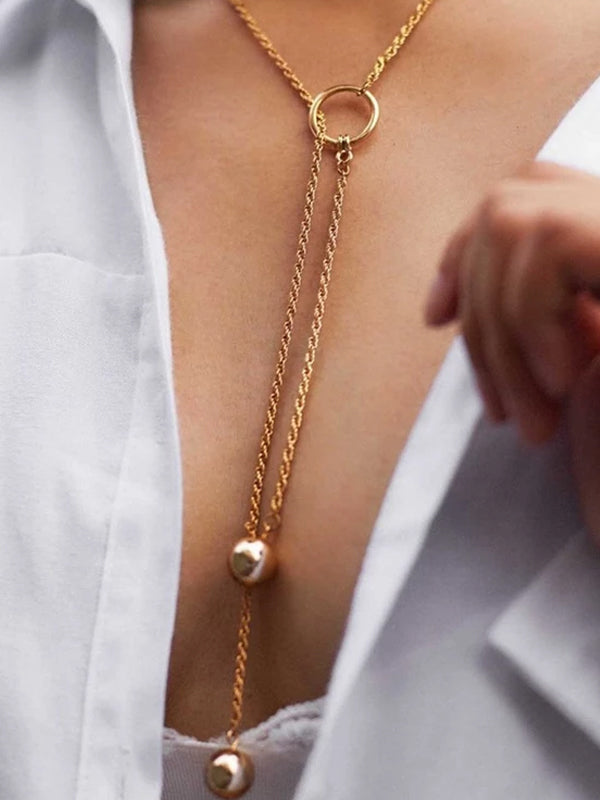 Fashion Vintage Simple Bead Clavicle Sweater Chain Metal Iron Ring Necklace