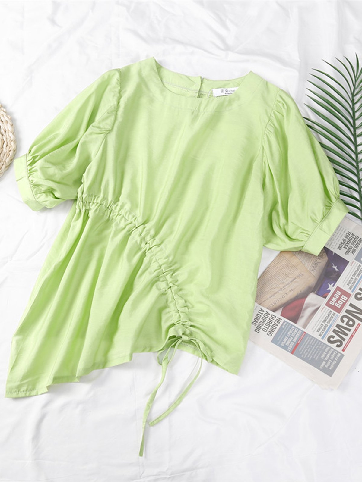Diagonal Drawstring Lantern Sleeve Solid Short Sleeve Loose Design Casual Tops
