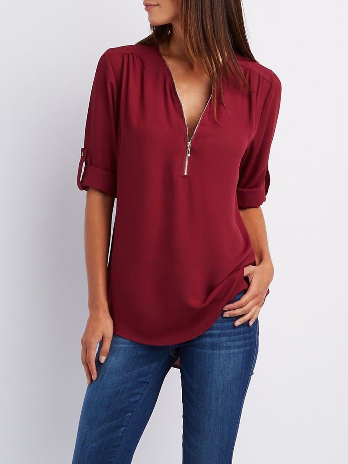 Chiffon Half Sleeve Zipper Solid V neck High Low Plus Size Blouse