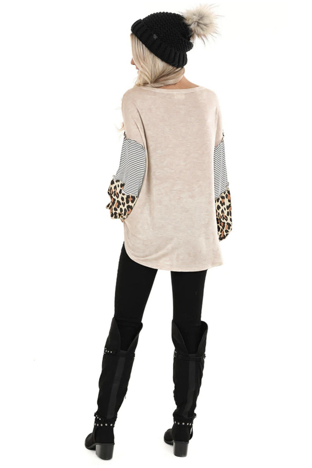 时尚豹纹条纹拼接灯笼袖卡其色宽松舒适上衣